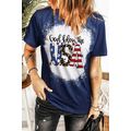 Blue God Bless the USA Print Bleach Short Sleev...