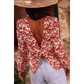 Red Floral Print Long Sleeve Open Back Blouse