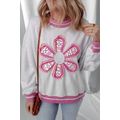 Gray Flower Patch Contrast Trim Crew Neck Sweat...