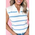 Sky Blue Stripe Split V Neck Collared Ribbed Sw...