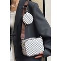 White Checkered Print PU Leather Shoulder Bag w...