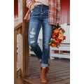 Blue Distressed Button Fly High Waist Skinny Jeans