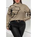 Dark Khaki Plus Size Big Flower Pattern High Ne...