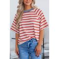 Tomato Red Stripe Print Contrast Collar Raglan ...