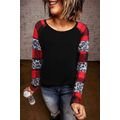 Black Off Shoulder Plaid&Leopard Print Long Sle...