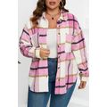 Pink Plaid Color Block Buttoned Long Sleeve Jac...