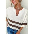 Brown Striped Accent Notched V Neck Cropped Swe...
