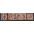 GB 1912 -24 KGV 1 1/2d Brown x 5 stamps wmk 100...