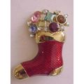 Christmas Stocking Pin Multi Color Rhinestone E...