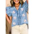 Beau Blue Sequin Baseball Graphic Button Up Ruf...