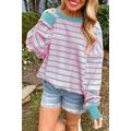 Pink Stripe Trimmed Round Neck Drop Shoulder Lo...
