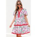 Pink Floral Print Contrast Trim V Neck Bubble S...