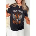 Black Guitar Wings Slogan Print Crew Neck T Shirt