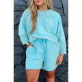 Aruba Blue Plus Size Solid Color Splicing Raw H...