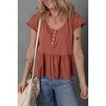 Chestnut Short Sleeve U Neck Buttons Splicing R...
