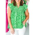 Green Floral Flutter Sleeve Shirred Notched Nec...