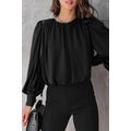 Black Padded Shoulder Buttoned Cuffs Pleated Lo...