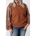 Brown Plus Size Printed Splicing Sleeve Ribbed ...