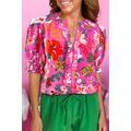 Rose Floral Printed Split V Neck Puff Sleeve Bl...
