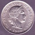 1960 B Switzerland 20 Rappen Coin