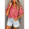 Rose Red Floral Print Wide Short Sleeve Loose S...
