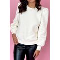White Solid Puff Sleeve Round Neck Pullover Swe...