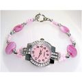 Wrist watch quartz pink glass beads 7 inch ladi...