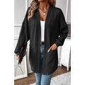Black Textured Knit Side Pockets Open Front Car...
