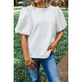 White Solid Textured O Neck Puff Sleeve Blouse