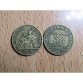 France Republic 1922 50 Cemtimes Coin