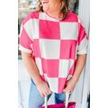 White Textured Checkerboard Round Neck Plus Siz...