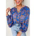 Blue Floral Print Batwing Sleeve Buttoned Loose...