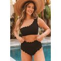 Black Solid Scalloped One-Shoulder Bikini