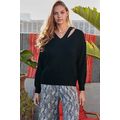 Women's Black Cut Out V Neck Sweater