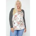 Floral Top Featuring Raglan Style Striped Sleev...