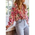 Red Floral Print Ruffled Stitch Buttoned Loose ...