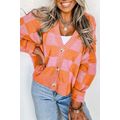 Orange Checkered Drop Shoulder Buttoned V Neck ...