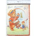 1957 Birthday card - 1 year old, teddy with drum