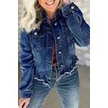 Navy Blue Ruffle Raw Hem Flap Pockets Denim Jacket