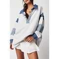 Dark Blue Striped Colorblock Patchwork Collar S...