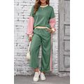 Mist Green 2pcs Color Block Pullover Loose Pant...