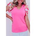 Bonbon V Neck Printed Ruffle Sleeve Patchwork T...
