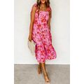 Pink Tie Shoulder Straps Tiered Floral Dress