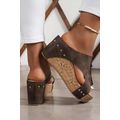 Chestnut Hollow Out Studded PU Leather Wedge Sl...