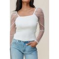 White Swiss Dot Mesh Long Sleeve Square Neck Sl...