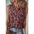 Brown Leaf Print Lace-up V Neck Crinckled Tank Top