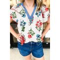 White Floral Print Contrast V Neck Tassel Tie L...