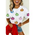 White Sequin Pumpkin Patched Cotton Blend T Shirt