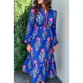 Blue Floral Print Striped Trim Split Neck Long ...
