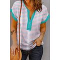 Pink Stripe Contrast Trim Half Zip Short Sleeve...